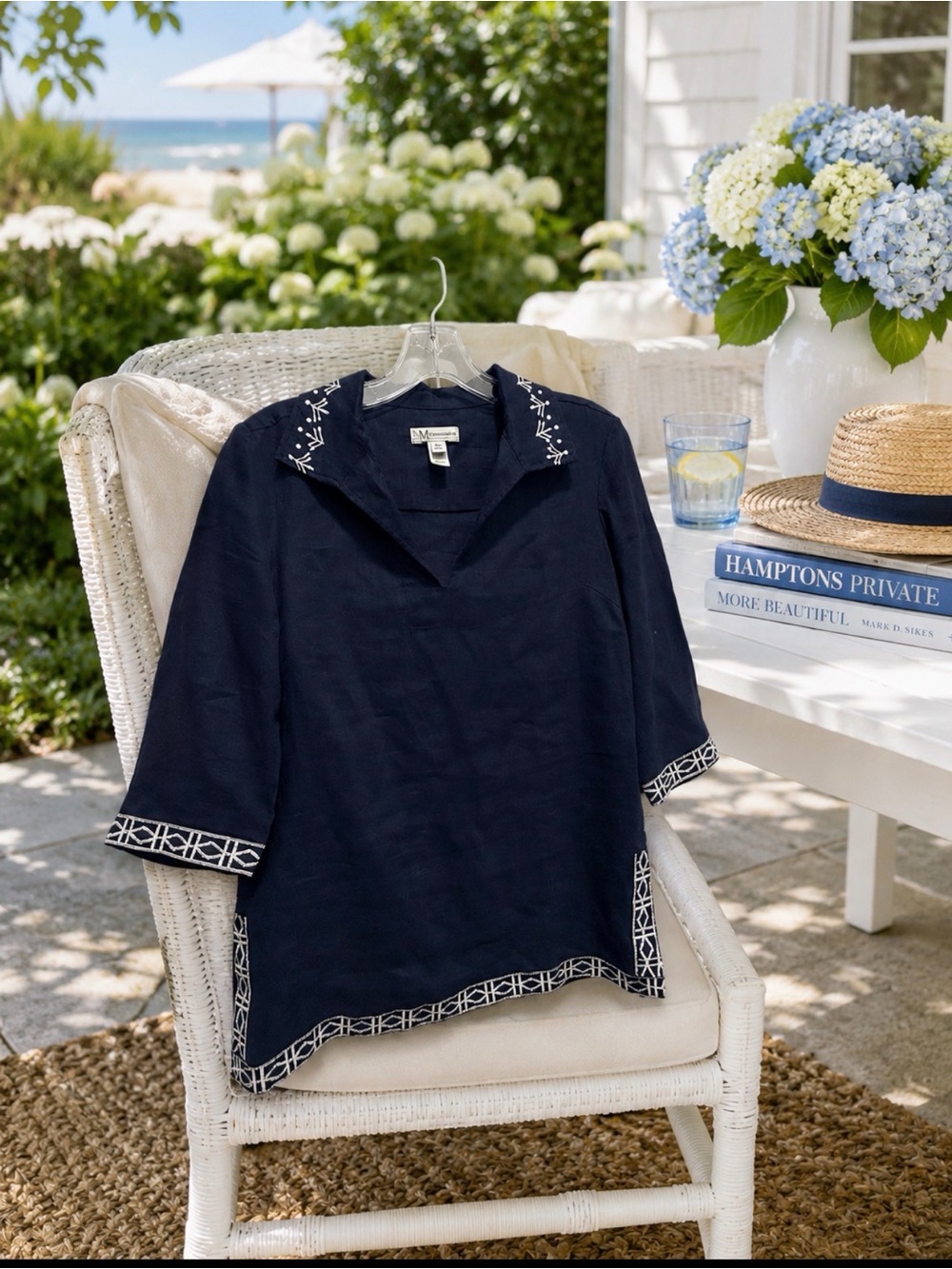 Neiman Marcus Navy Linen Top embroidered accents- XS